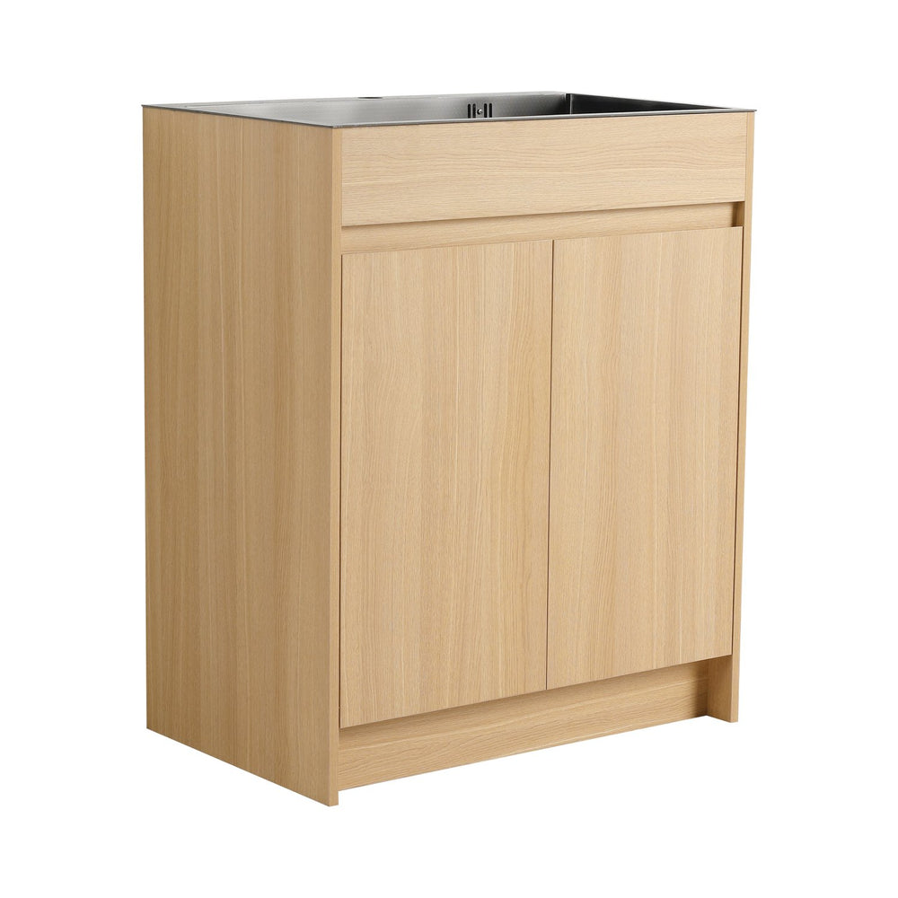 English Elm 28" Freestanding Bathroom Vanity with Gun-Gray Stainless Sink, Soft-Close Doors, Adjustable Shelves, Plywood Finish W999P376890