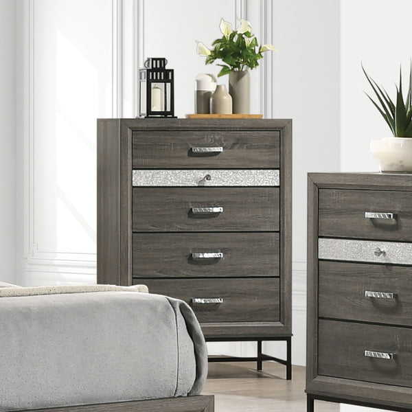 English Elm Contemporary Chic Chest with Gold Accents, Acrylic Trim, Metal Bracket Legs and Dust‑Proof Drawers Gray 34 L x 21 W x 51 H B2741P372199