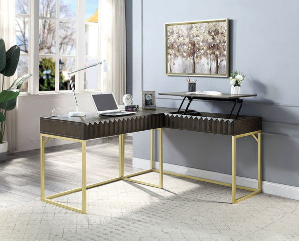 English Elm Transitional Two-tone Computer Desk with Matte Gold Metal Base, Lift-Top Work Surface and Concealed Drawer Storage Walnut 50 L x 28 W x 10 H B2741S00260