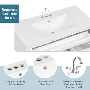 English Elm 36" Modern Bathroom Vanity with Ceramic Sink, Gold Handles, Flip-Out Drawer & Soft-Close Doors White N725P283623K