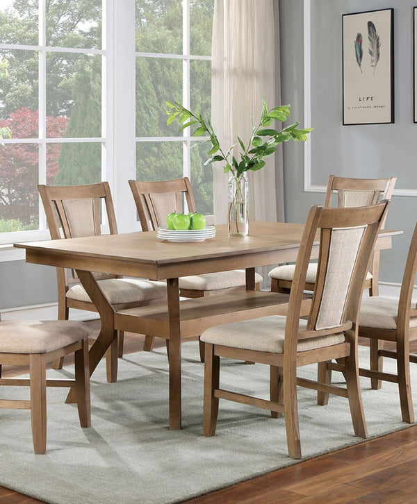 English Elm Modern Natural Tone Dining Table with Open Lower Shelf, 64"L x 38"W Sturdy Curved Legs & Warm Finish B2741P327421