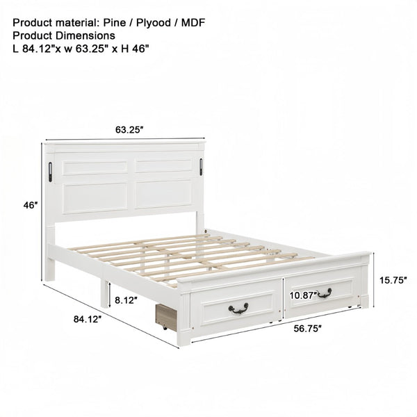 English Elm Queen Farmhouse Pinewood Storage Bed with Led Lighting Usb Charging and Panel Headboard White W504P391013