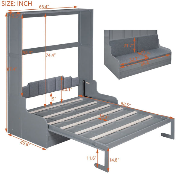 English Elm Queen Murphy Wall Bed with Integrated Chair Espresso Cabinet for Studio Apartments Gray LP000791AAE-3