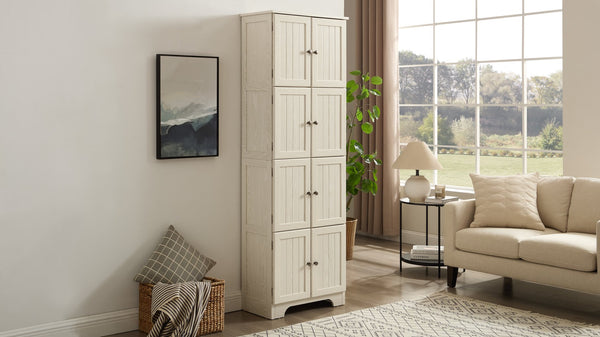 English Elm 72.4" Tall Storage Cabinet with 8 Doors and 4 Shelves, Oak Finish Large Freestanding Organizer for Home White W2275P292650