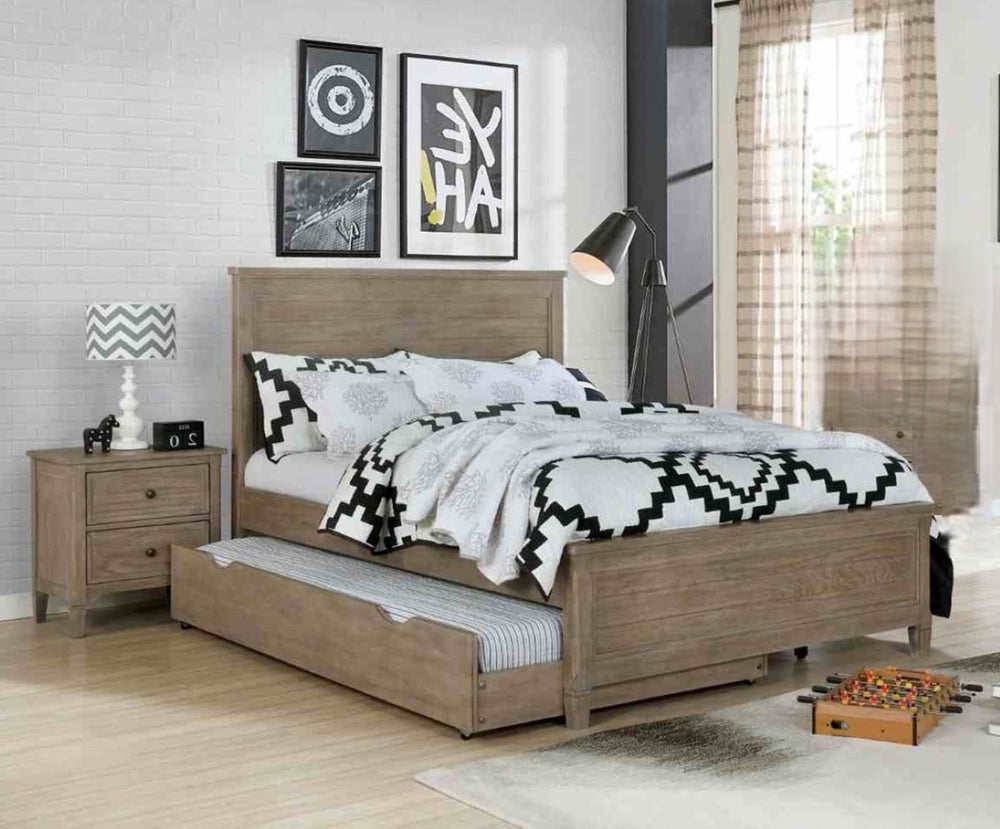 English Elm Transitional Twin Bed with Trundle Warm Gray Wood Grain Paneled Headboard Guest Room B2741S00850
