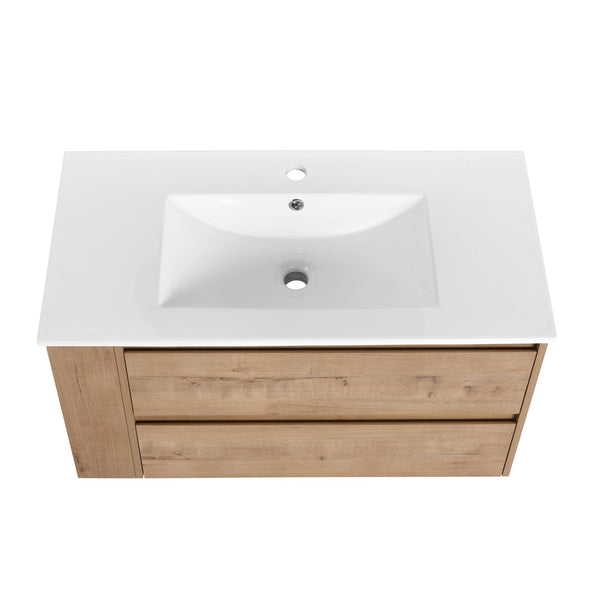 English Elm 36" Wall Mounting Bathroom Vanity With Ceramic Sink, Side Adjustable Shelf, Soft-Close Drawers, Water-Resistant Plywood Finish W999S00142