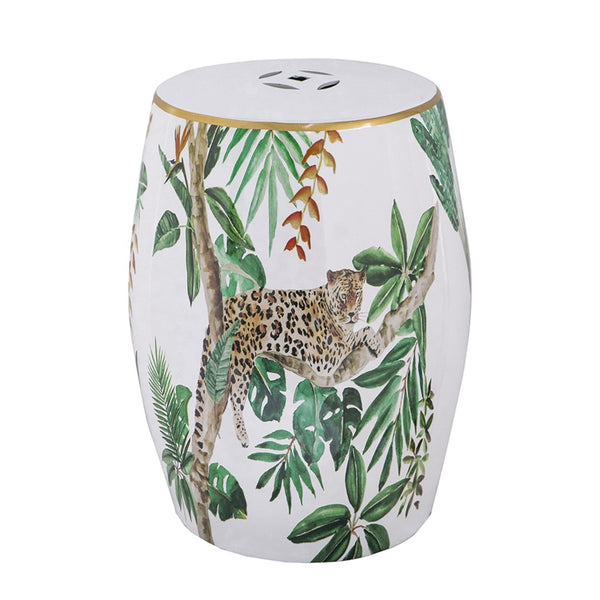 English Elm 13x13x18" Hand-painted Ceramic Stool Bohemian Jungle Motif Accent Seat or Side Table W2078P456916