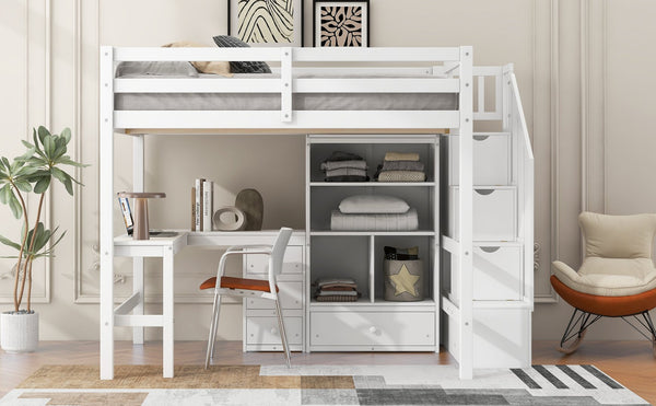 English Elm Full Full Size Loft Bed with L-Shaped Desk, Drawers, Cabinet and Staircase Storage for Space-Saving Rooms White GX000469AAK