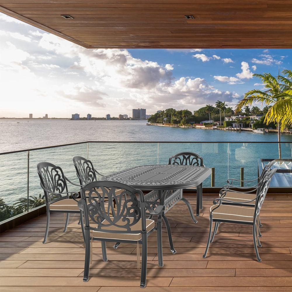 English Elm 7-Piece Cast Aluminum Patio Furniture Set With Plush Brown Cushions For Ultimate Outdoor Comfort W1710S00496