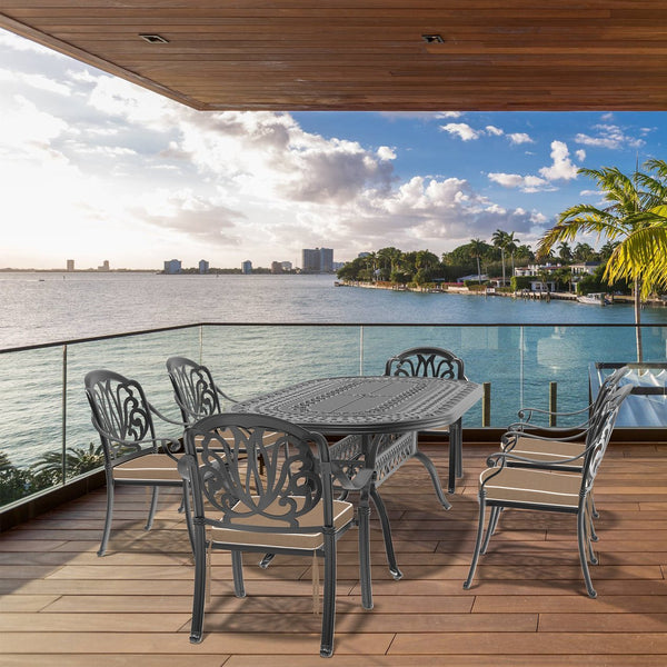 English Elm 7-Piece Cast Aluminum Patio Furniture Set With Plush Brown Cushions For Ultimate Outdoor Comfort W1710S00496