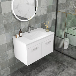 English Elm 32-Inch Wall-Mounted Bathroom Vanity With Ceramic Sink, Soft-Close Doors & Modern Glossy Finish W3151S00026