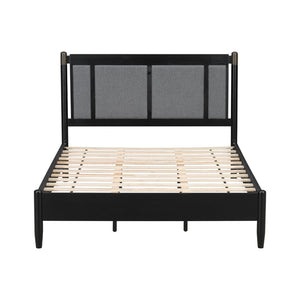 English Elm Solid Pine Queen Bed Industrial Upholstered Headboard with Iron Handles 500 Lb Frame Black,Dark Grey N770PQ361408B