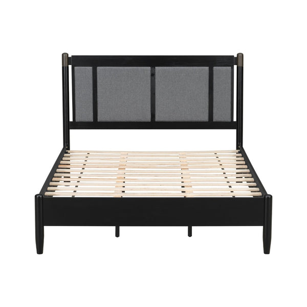 English Elm Solid Pine Queen Bed Industrial Upholstered Headboard with Iron Handles 500 Lb Frame Black,Dark Grey N770PQ361408B