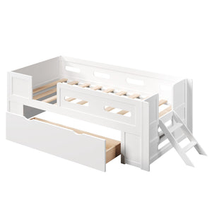 English Elm Wood Twin Platform Bed for Kids with Fence Guardrail and Under Storage Drawer White N709P385777K