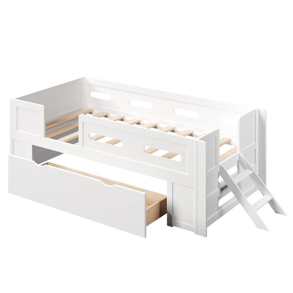 English Elm Wood Twin Platform Bed for Kids with Fence Guardrail and Under Storage Drawer White N709P385777K