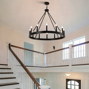 English Elm 12-light Wagon Wheel Chandelier Black Iron Rustic Farmhouse Fixture for Dining Rooms W2991P406726