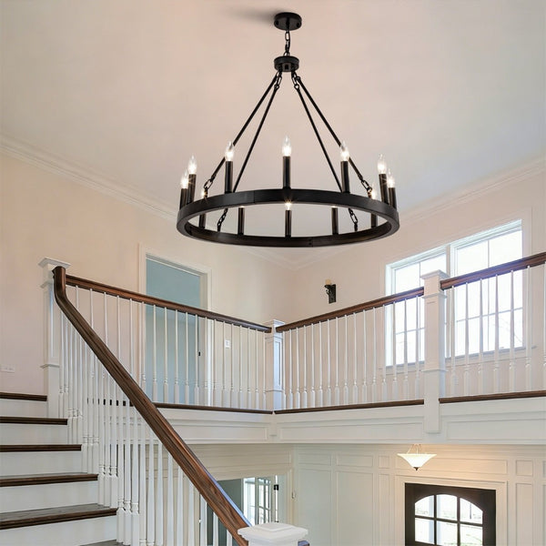 English Elm 12-light Wagon Wheel Chandelier Black Iron Rustic Farmhouse Fixture for Dining Rooms W2991P406726