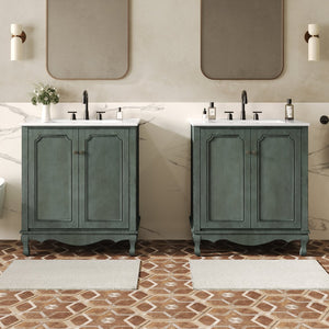 English Elm Christopher Knight Home® - 60" Retro Double Sink Bathroom Vanity Set with Soft-Close Doors, Adjustable Shelves, Rubberwood Legs Antique blue green,Teal N817P245317B