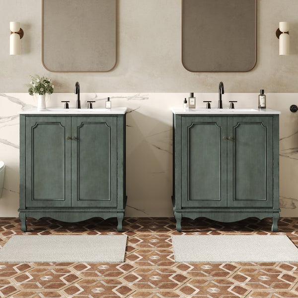 English Elm Christopher Knight Home® - 60" Retro Double Sink Bathroom Vanity Set with Soft-Close Doors, Adjustable Shelves, Rubberwood Legs Antique blue green,Teal N817P245317B