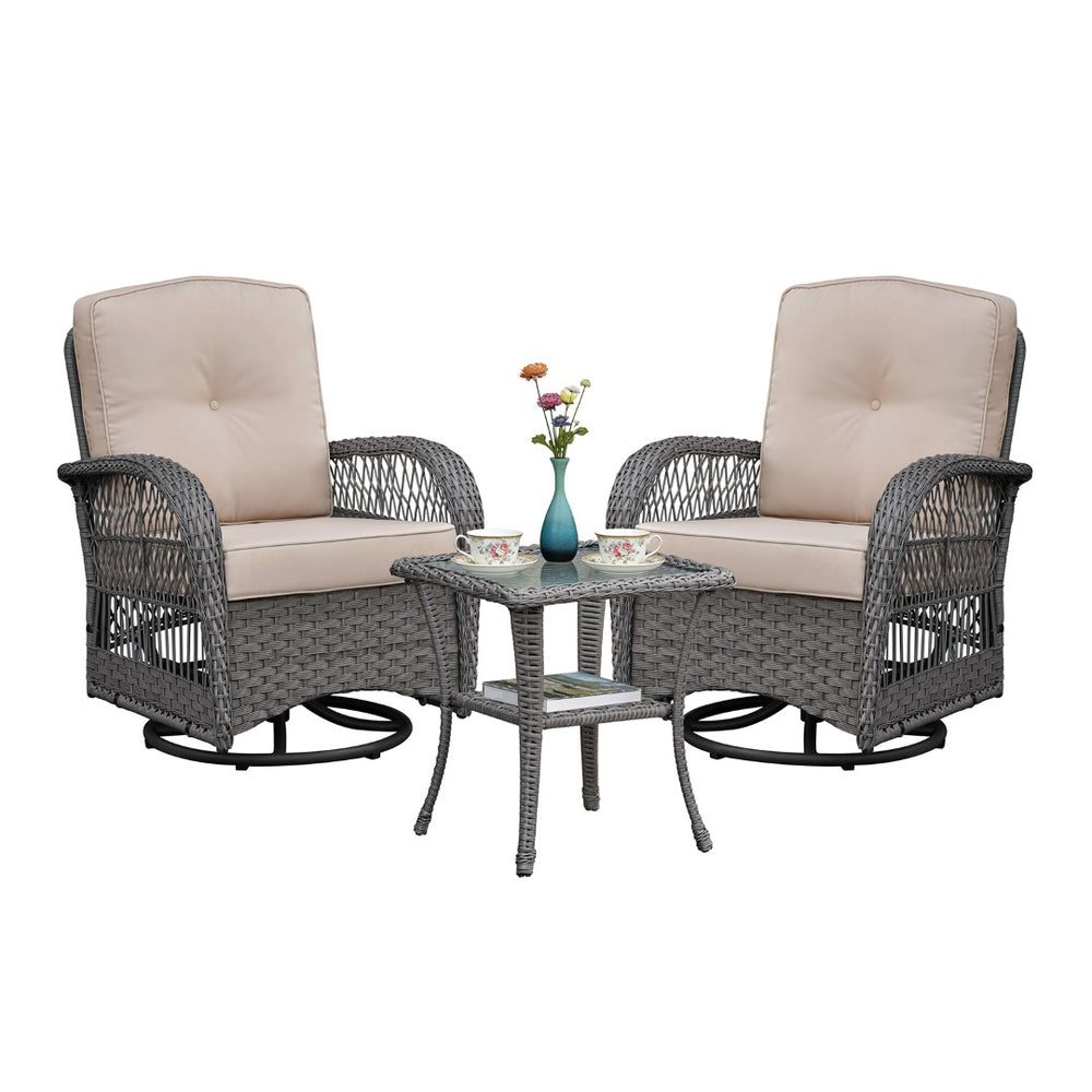 English Elm 3 Piece Outdoor Wicker Bistro Set with Swivel Rockers and Tempered Glass Table W1889P494796