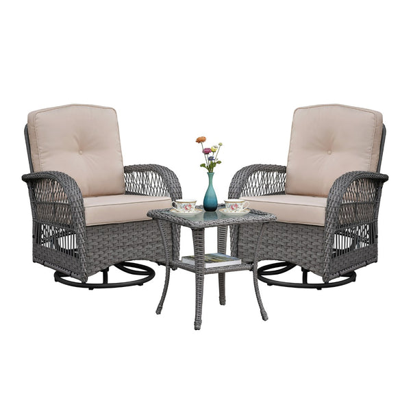 English Elm 3 Piece Outdoor Wicker Bistro Set with Swivel Rockers and Tempered Glass Table W1889P494796