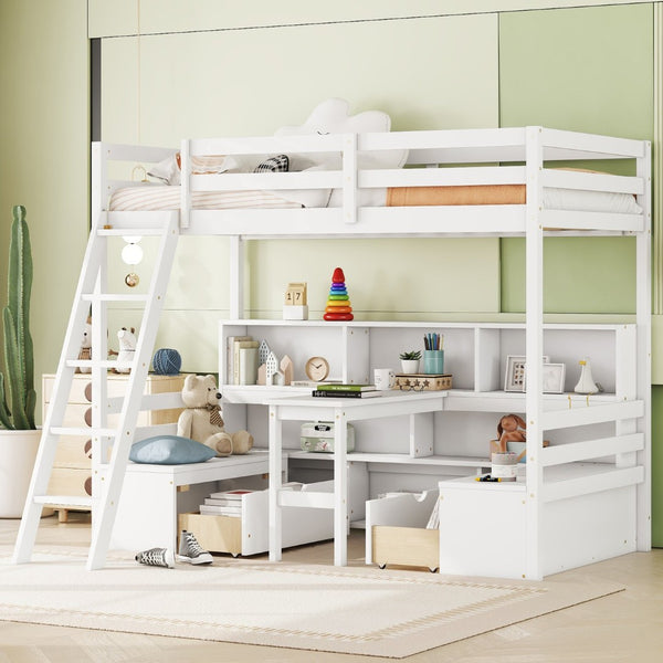 English Elm Twin Low Loft Bed with Pull Out Desk Drawers Cabinet and Shelves for Kids White W697S00034