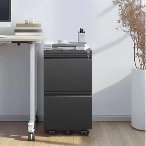 English Elm 2 Drawer Metal Mobile File Cabinet with Locked Security, Removable Hanging Bars, Smooth Casters and Anti-Tip Stability for Organized Office Storage Black T2398P171197