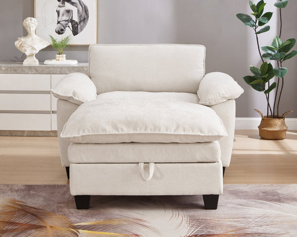 English Elm 51" Oversize Chaise Lounge Chair with Ottoman and Hidden Storage Upholstered in Soft Chenille Comfort Beige W1097S00152