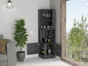 English Elm Seattle Smokey Oak Bar Cabinet with Corner Design, 8 Bottle Cubbies, Glass Racks & Open Shelves B128P176127