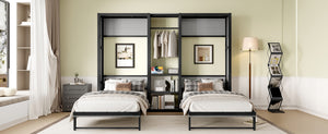 English Elm Twin Twin Murphy Bed with Metal Frame, Foldable 2-in-1 Space-Saving Design, Built-In Wardrobe, Shelves, Power Outlets and Durable Storage Solution Gray W1580S00148