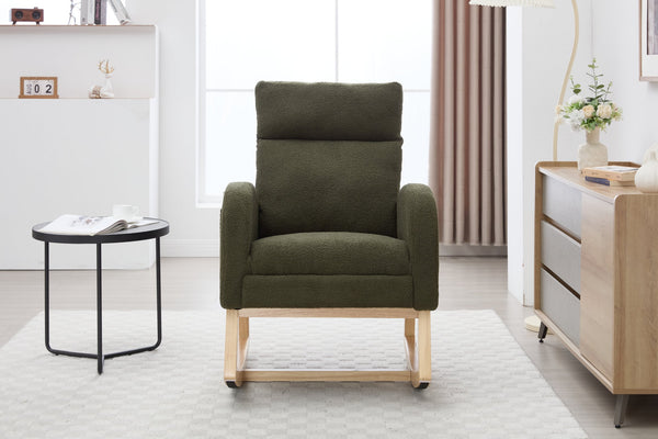 English Elm 015B-Teddy Rocking Chair with Plush Teddy Fabric, Ergonomic High Back, Adjustable Footstool, Pocket Green W527P360695