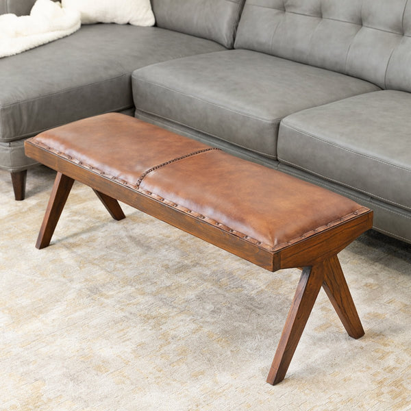 English Elm Ashcroft Furniture - Chad Tan Leather Bench with Solid Wood Tapered Legs — Mid-Century Modern 49" Upholstered Seat B183P231825