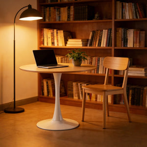 English Elm 31.5" Round Mdf Pedestal Dining Table Mid-century Modern Sculpted Base Seats Four Oak W234P405177
