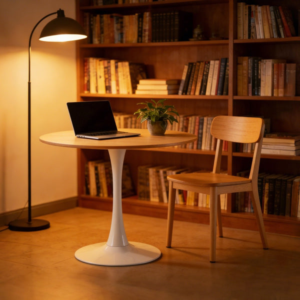 English Elm 31.5" Round Mdf Pedestal Dining Table Mid-century Modern Sculpted Base Seats Four Oak W234P405177