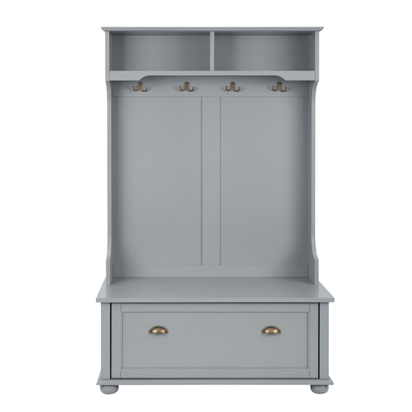 English Elm Modern Classic Hall Tree with Solid Poplar Feet, Double Hooks, Shoe Bench & Antique Hardware Organizer Gray W2275P210039