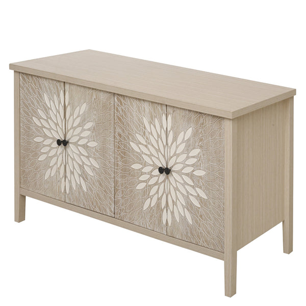 English Elm Sideboard Elegant Floral Handle Buffet Cabinet with 4 Doors, Adjustable Shelves & Reinforced Feet for Dining Room Storage Natural W688P232756