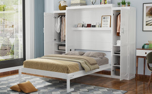 English Elm Queen Murphy Bed with 2 Wardrobes & Foldable Platform, Space-Saving White Queen Bedframe 650lbs N733S339767K
