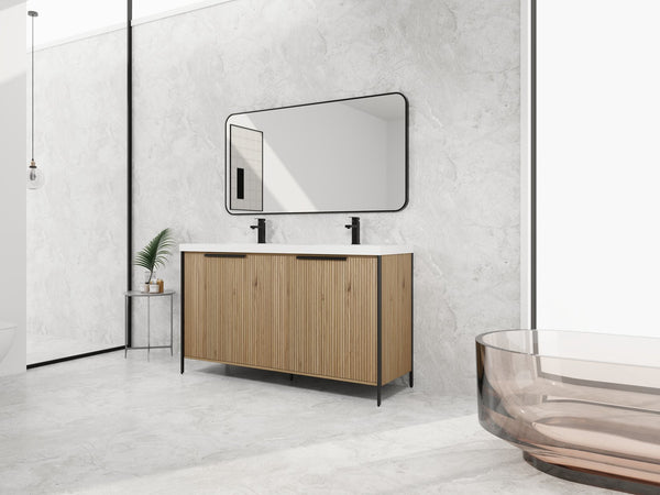 English Elm 60" Freestanding Bathroom Vanity with Double Resin Sink, Soft-Close Doors, Adjustable Shelves, Water-Resistant Finish W999S00383