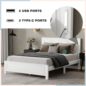 English Elm Queen Pinewood Platform Bed Farmhouse Tall Panel Headboard with Led Lighting and Usb Ports White W504P391091