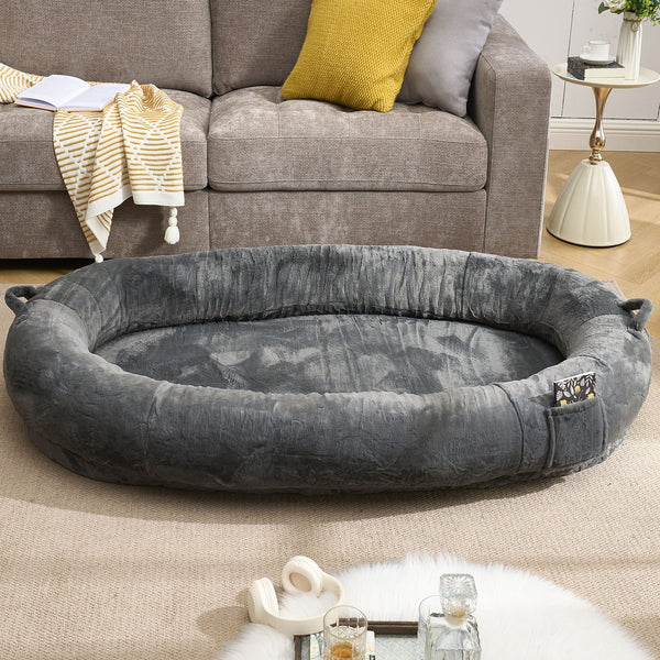 English Elm Human Giant Memory Foam Pet Bed for Adults — Plush Ergonomic Sofa with Storage Pockets & Handle Dark Gray W2705P255384