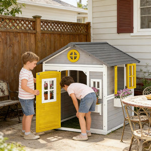 English Elm Backyard Fir Wood Kids Playhouse with Plant Boxes Retro Windows and Rain Resistant Roof T3971P491823