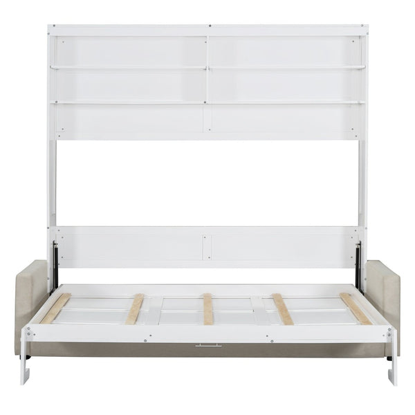 English Elm Queen Murphy Wall Bed with Integrated Sofa Linen Upholstered for Studio Apartments White LP000892AAK-1
