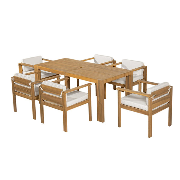 English Elm Trexm Acacia Wood Outdoor Dining Set Seats Six with Washable Cushions Umbrella Ready Beige,Light Teak TM000022AAD