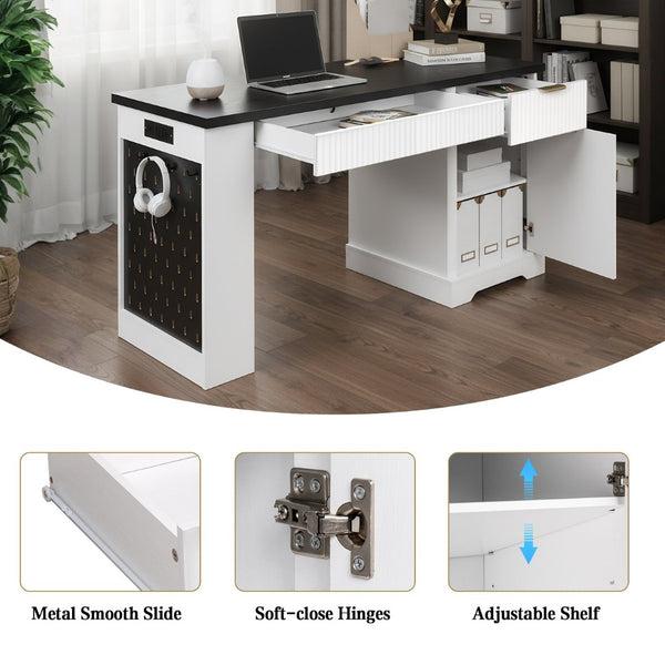 English Elm 55" Fluted White Computer Desk with Power Outlet Pegboard Cabinet and Keyboard Tray W2917P396008