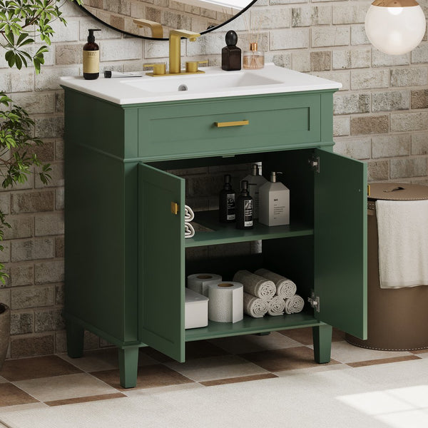English Elm 30-inch bathroom vanity with ceramic basin, solid wood frame, soft-close doors and adjustable shelves for organized style and lasting durability Green N729P173380F