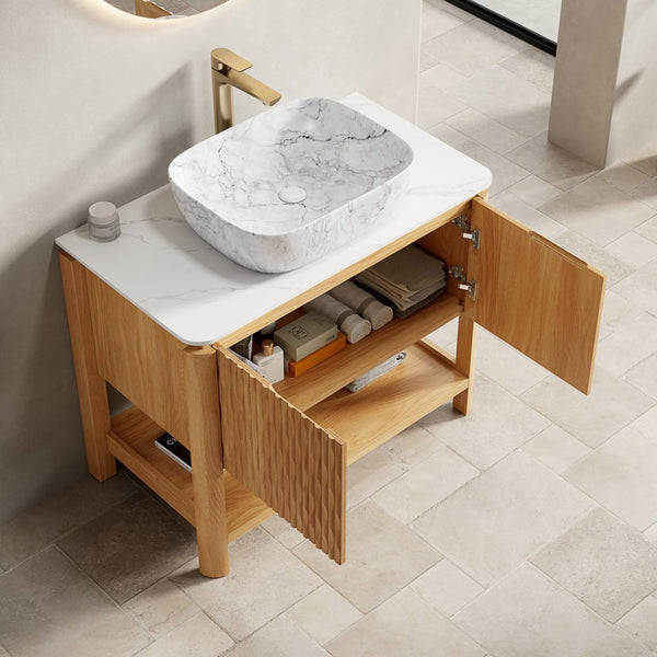 English Elm Dina Floating Bathroom Vanity Sintered Stone Top Glass Basin Striped Plywood Cabinet W2615S00517