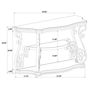 English Elm Gretta Merlot console table with bronze scrollwork legs, polished wood shelves, elegant hallway focal piece B062P333395