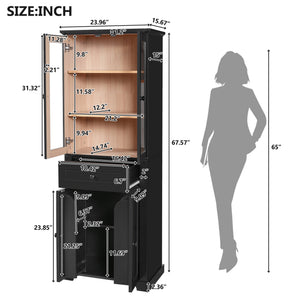 English Elm 67.2" Tall Bathroom Storage Cabinet with Tempered Glass Doors, Adjustable Shelves, Soft-Close Hinges and Anti-Tip Safety Black N729P310006B