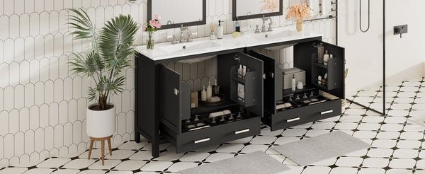 English Elm 72" Black Bathroom Vanity Set with Double Ceramic Sinks, Soft-Close Doors, Divided Drawer, Ample Storage and Solid Wood Frame for Durable Modern Style N729P000006B