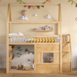 English Elm Full Size Solid Wood House Bed with Led Shelf Lighting for Kids Bedroom Natural N7500005026N